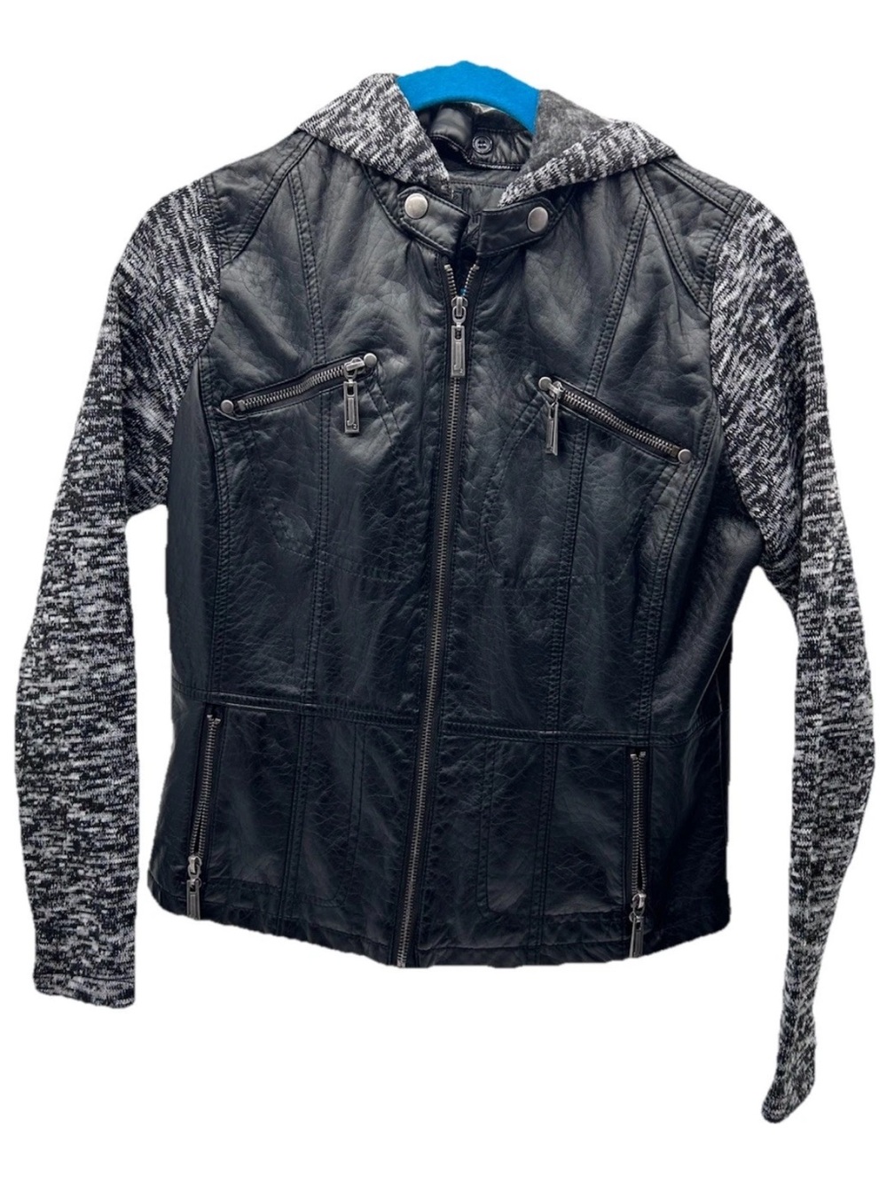 Women’s Black Faux Leather Jacket with Gray Knit Hood & Sleeves